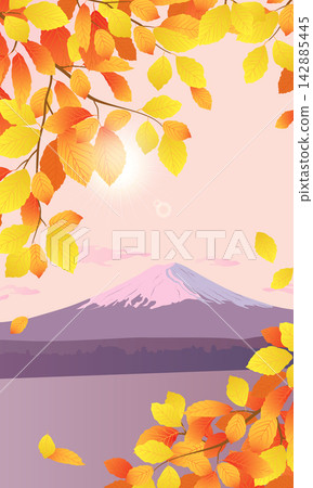 Yellow and orange beech leaves against the backdrop of Mount Fuji. Autumn hornbeam branches hanging. Vector leaf fall vertical banner. A Japanese landmark. Tourist postcard with a lake and mountains. Yellow and orange beech leaves against the backdrop of Mount Fuji. Autumn hornbeam branches hanging. Vector leaf fall vertical banner. A Japanese landmark. Tourist postcard with a lake and mountains. 142885445