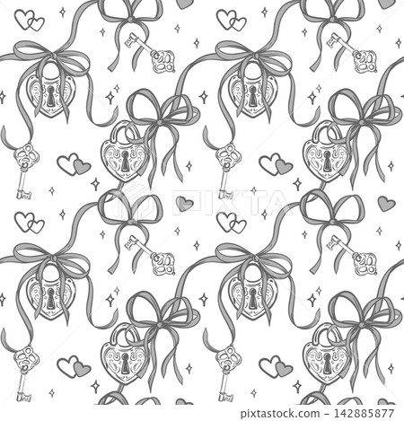 Vector wedding background. Seamless pattern in Coquette style. A padlock and key symbol love. Line monochrome sketch. Clipart for Valentine's Day marriages. Decorative element packaging paper, fabric. Vector wedding background. Seamless pattern in Coquette style. A padlock and key symbol love. Line monochrome sketch. Clipart for Valentine's Day marriages. Decorative element packaging paper, fabric. 142885877