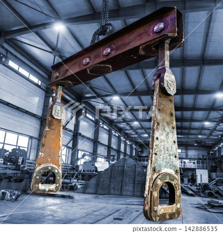 Steel hook of overhead crane over industrial equipment Steel hook of overhead crane over industrial equipment 142886535