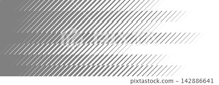Grey fading diagonal line pattern background. Geometric striped motion effect backdrop. Oblique parallel speed lines gradient wallpaper. Abstract slanted halftone sport gradation texture. Vector  142886641