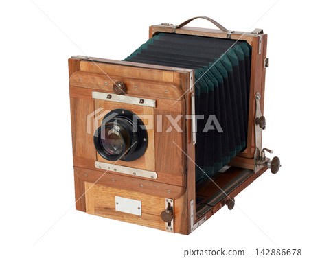 Old antique vintage black camera the 19th century isolated on white background with cliping path. Russia. Old antique vintage black camera the 19th century isolated on white background with cliping path. Russia. 142886678