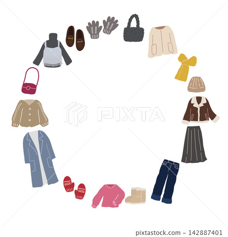 A cute, hand-drawn frame featuring women's autumn/winter clothing and accessories arranged in a circle. A cute, hand-drawn frame featuring women's autumn/winter clothing and accessories arranged in a circle. 142887401