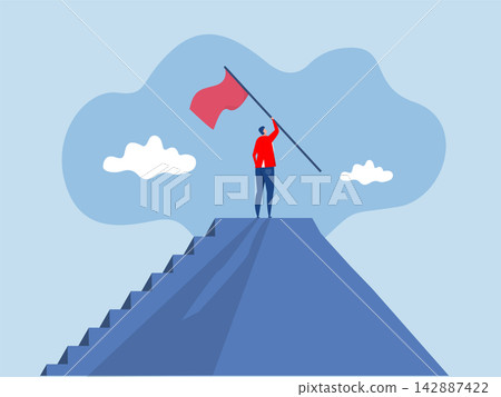 Businessman on top mountain of career staircase holding winning flag looking for future visionary Success male entrepreneur,achievement concept Businessman on top mountain of career staircase holding winning flag looking for future visionary Success male entrepreneur,achievement concept 142887422