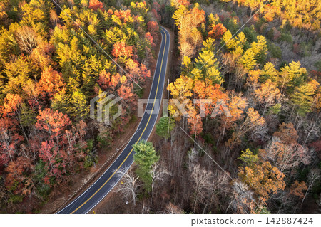 Road trip in fall season through Appalachian forest in Tennessee. Car driving on a winding road under colorful autumn canopy Road trip in fall season through Appalachian forest in Tennessee. Car driving on a winding road under colorful autumn canopy 142887424