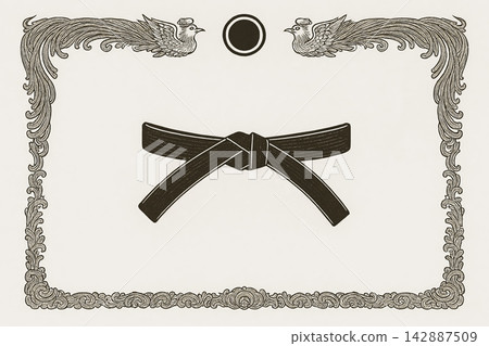 Certificate dan grade diplom karate. Old vintage diplom paper, with frame background art design. 142887509