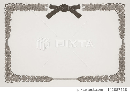 Certificate dan grade diplom karate. Old vintage diplom paper, with frame background art design. 142887518