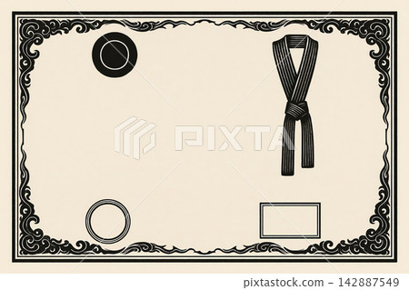 Certificate dan grade diplom karate. Old vintage diplom paper, with frame background art design. 142887549