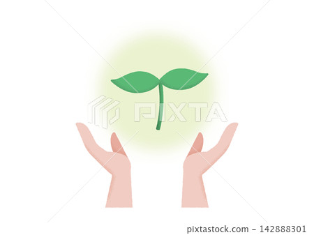 Illustration of a person supporting a plant sprout with both hands (growth, environmental protection, sustainability) 2 Illustration of a person supporting a plant sprout with both hands (growth, environmental protection, sustainability) 2 142888301