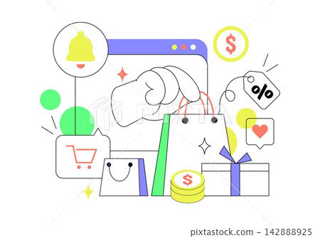Shopping Reminder Day Vector Illustration Featuring Online Shopping, Mobile Notifications, Shopping Cart, Product Wishlist, and Digital Payment 142888925