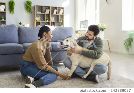 Happy young couple cuddling their Labrador dog on carpet in modern living room Happy young couple cuddling their Labrador dog on carpet in modern living room 142889057