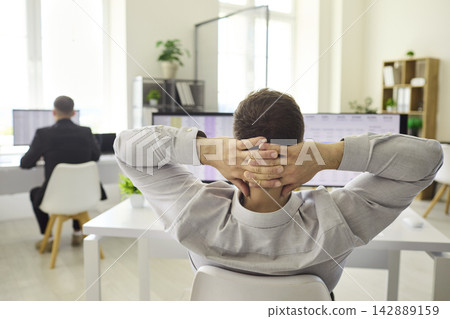 Rear view of relaxed office analyst leaning back at desk with dual monitors Rear view of relaxed office analyst leaning back at desk with dual monitors 142889159