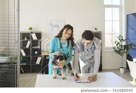 Vet team with schnauzer during checkup as doctor writes notes at modern clinic Vet team with schnauzer during checkup as doctor writes notes at modern clinic 142889593