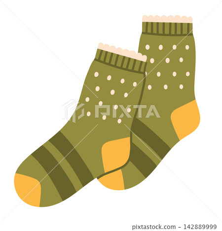 Cozy olive green socks with polka dots and stripes vector isolated on white background. Perfect for autumn fashion art, winter warmth graphics, hygge lifestyle prints, and seasonal decor Cozy olive green socks with polka dots and stripes vector isolated on white background. Perfect for autumn fashion art, winter warmth graphics, hygge lifestyle prints, and seasonal decor 142889999