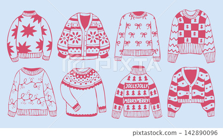 Vector set of cute winter sweaters and cardigans with festive pink patterns. Ideal for ugly sweater parties, holiday marketing, and winter fashion graphics 142890096
