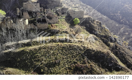 Sunlit Terraced Village Amid Colorful Foliage. Panoramic Shot Of Hillside Homes And Winding Trail . Media Sunlit Terraced Village Amid Colorful Foliage. Panoramic Shot Of Hillside Homes And Winding Trail . Media 142890177