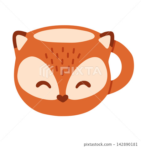 Cute orange fox face ceramic mug vector illustration isolated on white. Ideal for autumn cozy drink designs, forest animal graphics, and autumn decor Cute orange fox face ceramic mug vector illustration isolated on white. Ideal for autumn cozy drink designs, forest animal graphics, and autumn decor 142890181