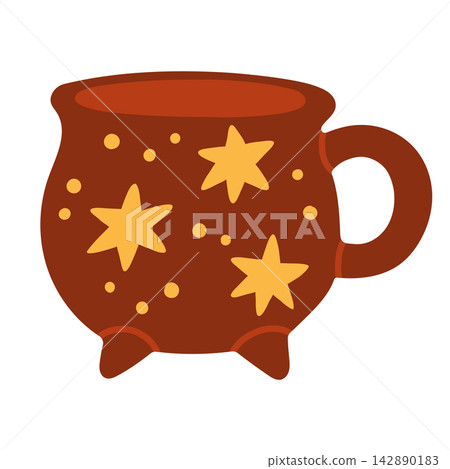 Brown witch cauldron ceramic mug with yellow stars vector isolated on white. Great for Halloween drink designs, spooky cozy art, and autumn graphics Brown witch cauldron ceramic mug with yellow stars vector isolated on white. Great for Halloween drink designs, spooky cozy art, and autumn graphics 142890183