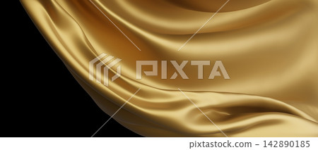 Luxury gold silk fabric waving isolated on black background with copy space 3D render Luxury gold silk fabric waving isolated on black background with copy space 3D render 142890185