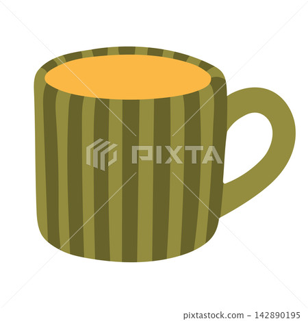 Cozy olive green striped ceramic mug vector isolated on white background. Perfect for autumn hot drinks, tea coffee menus, hygge graphics, and seasonal decor Cozy olive green striped ceramic mug vector isolated on white background. Perfect for autumn hot drinks, tea coffee menus, hygge graphics, and seasonal decor 142890195