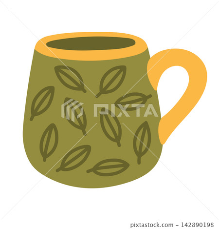 Cozy green ceramic mug with yellow leaf pattern vector isolated on white. Great for autumn tea banners, cozy herbal drink graphics, and seasonal decor Cozy green ceramic mug with yellow leaf pattern vector isolated on white. Great for autumn tea banners, cozy herbal drink graphics, and seasonal decor 142890198