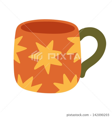 Cozy orange ceramic mug with yellow star pattern vector isolated on white. Ideal for fall coffee graphics, autumn cozy decor, tea posters, and cards 142890203