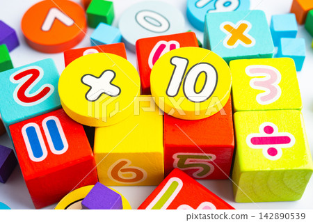 Number wood block cubes for learning Mathematic, education math. 142890539