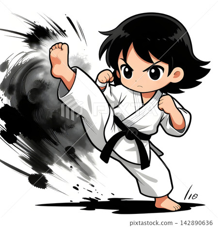 Little girl, woman boy in karate kimono on white background. The concept icon of martial arts, karate, judo, sports since childhood, discipline. Defense concept with copy space. Little girl, woman boy in karate kimono on white background. The concept icon of martial arts, karate, judo, sports since childhood, discipline. Defense concept with copy space. 142890636