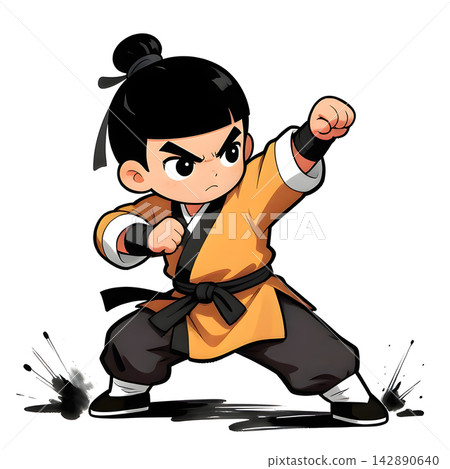 KUN-FU young fighter, graphic style, traditional color dress, in fighting pose. KUN-FU young fighter, graphic style, traditional color dress, in fighting pose. 142890640