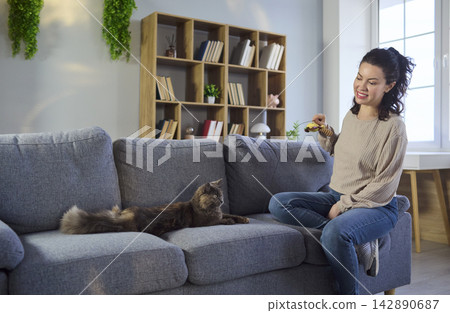 Happy woman playing with cat on sofa at home, cozy living room lifestyle scene Happy woman playing with cat on sofa at home, cozy living room lifestyle scene 142890687