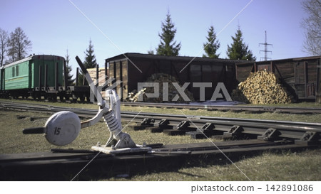 Rail Yard Landscape. Sunny Scene Showcasing Aged Rail Switch Surrounded By Cargo Cars And Natural Scenery. Media Rail Yard Landscape. Sunny Scene Showcasing Aged Rail Switch Surrounded By Cargo Cars And Natural Scenery. Media 142891086