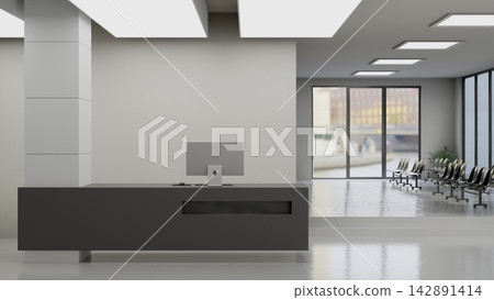 Modern office reception desk grey counter with computer and large windows, waiting chairs in lobby. Modern office reception desk grey counter with computer and large windows, waiting chairs in lobby. 142891414