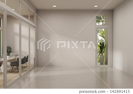 Modern empty conference room with glass walls, potted plant and tall window over light wood floor Modern empty conference room with glass walls, potted plant and tall window over light wood floor 142891415