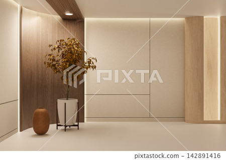 Modern lobby with wood panel walls, potted plant and vase in soft lighting neutral tones. Modern lobby with wood panel walls, potted plant and vase in soft lighting neutral tones. 142891416