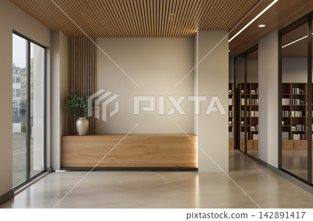 Modern office lobby with wooden cabinet, potted plant, bookshelves and glass walls in natural light. Modern office lobby with wooden cabinet, potted plant, bookshelves and glass walls in natural light. 142891417