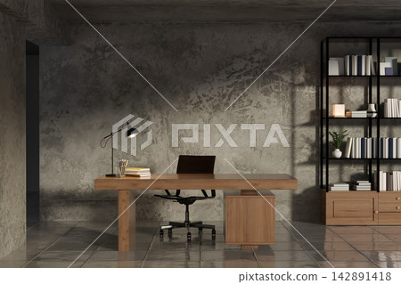 Modern industrial office with wooden desk table, chair, bookshelf and concrete wall in loft style. 142891418