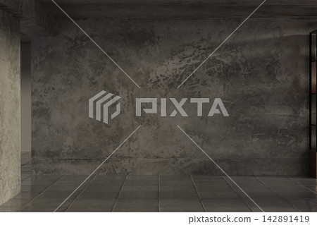 Empty industrial concrete wall with textured surface over polished floor in modern loft interior. Empty industrial concrete wall with textured surface over polished floor in modern loft interior. 142891419