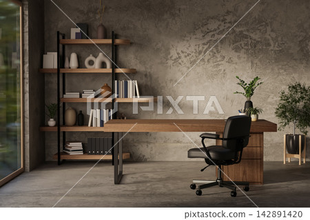 Modern office room with wooden desk table with black chair, bookshelf, plants and concrete wall. 142891420