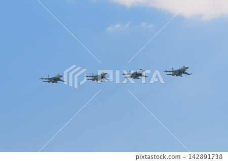 Formation flight of Russian Air Force Sukhoi Su-34 fullback fighter-bombers. Formation flight of Russian Air Force Sukhoi Su-34 fullback fighter-bombers. 142891738