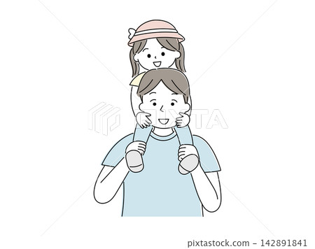 一幅父親將女兒扛在肩上的插圖。 一幅父親將女兒扛在肩上的插圖。 142891841