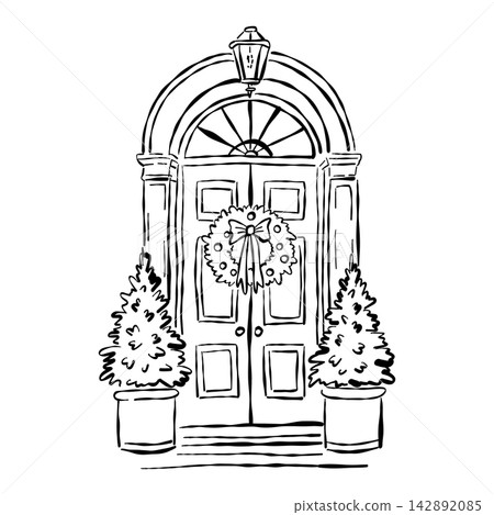 Christmas Front Door Entrance with Wreath and Lantern Line Art Christmas Front Door Entrance with Wreath and Lantern Line Art 142892085