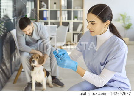 Veterinarian preparing vaccine as owner calms beagle dog in modern animal clinic Veterinarian preparing vaccine as owner calms beagle dog in modern animal clinic 142892687