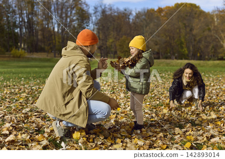 Parents and daughter playing with autumn leaves together in sunny park setting Parents and daughter playing with autumn leaves together in sunny park setting 142893014