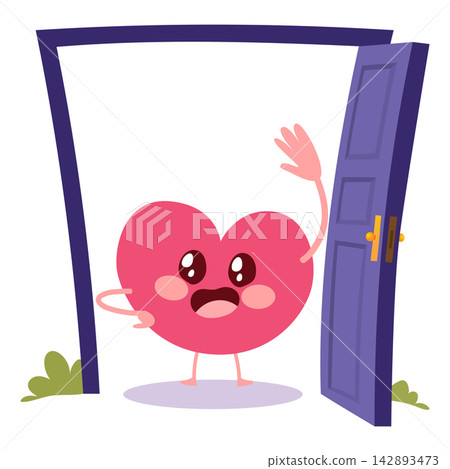 Cute Heart Character Opening Door and Welcoming Visitor 142893473