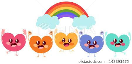 Group of Jumping Heart Characters with Rainbow On Background Cartoon Vector Illustration Group of Jumping Heart Characters with Rainbow On Background Cartoon Vector Illustration 142893475