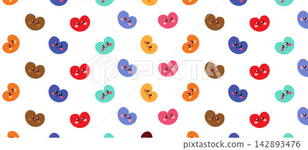 Cute Heart Mascot Seamless Pattern on Rainbow Color Background Cartoon Vector Illustration 142893476