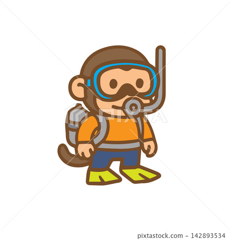 A cute monkey as a diver Cartoon Illustration 142893534