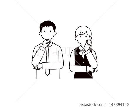 一組向量插圖，描繪了一位身著制服的商人和一位女商人的上半身，他們看起來心事重重、憂心忡忡或若有所思。 142894390