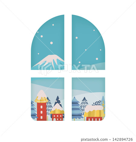 一幅冬季景色插圖,展現了透過窗戶看到的白雪皚皚的山脈和色彩繽紛的城市。 一幅冬季景色插圖,展現了透過窗戶看到的白雪皚皚的山脈和色彩繽紛的城市。 142894726