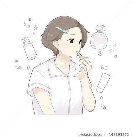 一幅描繪女性塗抹口紅和化妝品/香水瓶的美麗插畫。 一幅描繪女性塗抹口紅和化妝品/香水瓶的美麗插畫。 142895272