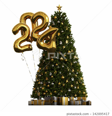 Christmas tree with decorations, isolated on white background, 3D illustration, cg render Christmas tree with decorations, isolated on white background, 3D illustration, cg render 142895417